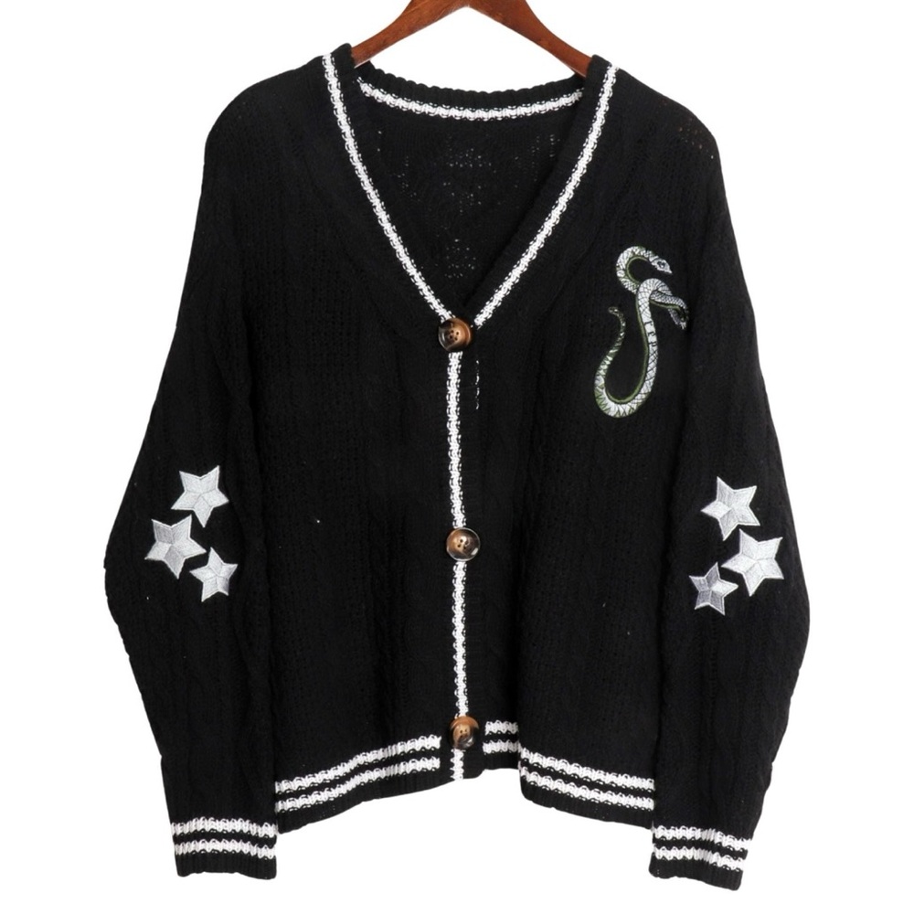 Black Cardigan Sweater with Star and Snake Design